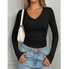image:imagePRETTYGARDEN Long Sleeve Shirts for Women 2026 Fall V Neck Basic Tee Casual Fitted Ribbed Going Out Tops Kint Y2K ClothesBlack