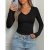 image:imagePRETTYGARDEN Long Sleeve Shirts for Women 2026 Fall V Neck Basic Tee Casual Fitted Ribbed Going Out Tops Kint Y2K ClothesBlack