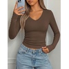 image:imagePRETTYGARDEN Long Sleeve Shirts for Women 2026 Fall V Neck Basic Tee Casual Fitted Ribbed Going Out Tops Kint Y2K ClothesCoffee