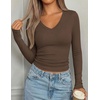 image:imagePRETTYGARDEN Long Sleeve Shirts for Women 2026 Fall V Neck Basic Tee Casual Fitted Ribbed Going Out Tops Kint Y2K ClothesCoffee