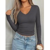 image:imagePRETTYGARDEN Long Sleeve Shirts for Women 2026 Fall V Neck Basic Tee Casual Fitted Ribbed Going Out Tops Kint Y2K ClothesDark Grey