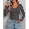image:imagePRETTYGARDEN Long Sleeve Shirts for Women 2026 Fall V Neck Basic Tee Casual Fitted Ribbed Going Out Tops Kint Y2K ClothesDark Grey