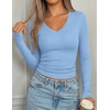 image:imagePRETTYGARDEN Long Sleeve Shirts for Women 2026 Fall V Neck Basic Tee Casual Fitted Ribbed Going Out Tops Kint Y2K ClothesLight Blue
