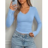 image:imagePRETTYGARDEN Long Sleeve Shirts for Women 2026 Fall V Neck Basic Tee Casual Fitted Ribbed Going Out Tops Kint Y2K ClothesLight Blue