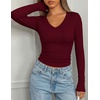 image:imagePRETTYGARDEN Long Sleeve Shirts for Women 2026 Fall V Neck Basic Tee Casual Fitted Ribbed Going Out Tops Kint Y2K ClothesWine Red