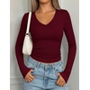 image:imagePRETTYGARDEN Long Sleeve Shirts for Women 2026 Fall V Neck Basic Tee Casual Fitted Ribbed Going Out Tops Kint Y2K ClothesWine Red