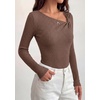 image:imagePRETTYGARDEN Womens 2026 Early Fall Fashion Long Sleeve T Shirts Asymmetrical Ribbed Fitted Trendy Going Out Tops Y2K OutfitsBrown