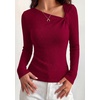 image:imagePRETTYGARDEN Womens 2026 Early Fall Fashion Long Sleeve T Shirts Asymmetrical Ribbed Fitted Trendy Going Out Tops Y2K OutfitsDark Red
