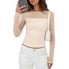 image:imagePRETTYGARDEN Womens 2026 Fall Long Sleeve T Shirts Sheer Mesh Boat Neck Ruched Fitted Going Out Summer Tops Fashion ClothingApricot
