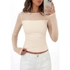 image:imagePRETTYGARDEN Womens 2026 Fall Long Sleeve T Shirts Sheer Mesh Boat Neck Ruched Fitted Going Out Summer Tops Fashion ClothingApricot