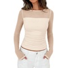 image:imagePRETTYGARDEN Womens 2026 Fall Long Sleeve T Shirts Sheer Mesh Boat Neck Ruched Fitted Going Out Summer Tops Fashion ClothingApricot