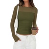 image:imagePRETTYGARDEN Womens 2026 Fall Long Sleeve T Shirts Sheer Mesh Boat Neck Ruched Fitted Going Out Summer Tops Fashion ClothingArmy Green