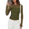 image:imagePRETTYGARDEN Womens 2026 Fall Long Sleeve T Shirts Sheer Mesh Boat Neck Ruched Fitted Going Out Summer Tops Fashion ClothingArmy Green