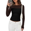 image:imagePRETTYGARDEN Womens 2026 Fall Long Sleeve T Shirts Sheer Mesh Boat Neck Ruched Fitted Going Out Summer Tops Fashion ClothingBlack