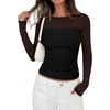 image:imagePRETTYGARDEN Womens 2026 Fall Long Sleeve T Shirts Sheer Mesh Boat Neck Ruched Fitted Going Out Summer Tops Fashion ClothingBlack