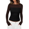 image:imagePRETTYGARDEN Womens 2026 Fall Long Sleeve T Shirts Sheer Mesh Boat Neck Ruched Fitted Going Out Summer Tops Fashion ClothingBlack