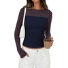 image:imagePRETTYGARDEN Womens 2026 Fall Long Sleeve T Shirts Sheer Mesh Boat Neck Ruched Fitted Going Out Summer Tops Fashion ClothingNavy Blue