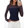 image:imagePRETTYGARDEN Womens 2026 Fall Long Sleeve T Shirts Sheer Mesh Boat Neck Ruched Fitted Going Out Summer Tops Fashion ClothingNavy Blue
