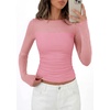 image:imagePRETTYGARDEN Womens 2026 Fall Long Sleeve T Shirts Sheer Mesh Boat Neck Ruched Fitted Going Out Summer Tops Fashion ClothingPink