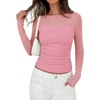 image:imagePRETTYGARDEN Womens 2026 Fall Long Sleeve T Shirts Sheer Mesh Boat Neck Ruched Fitted Going Out Summer Tops Fashion ClothingPink