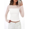 image:imagePRETTYGARDEN Womens 2026 Fall Long Sleeve T Shirts Sheer Mesh Boat Neck Ruched Fitted Going Out Summer Tops Fashion ClothingWhite