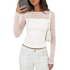 image:imagePRETTYGARDEN Womens 2026 Fall Long Sleeve T Shirts Sheer Mesh Boat Neck Ruched Fitted Going Out Summer Tops Fashion ClothingWhite