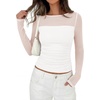 image:imagePRETTYGARDEN Womens 2026 Fall Long Sleeve T Shirts Sheer Mesh Boat Neck Ruched Fitted Going Out Summer Tops Fashion ClothingWhite