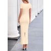 image:imagePRETTYGARDEN Womens Ruched Maxi Dress 2026 Summer Short Sleeve Asymmetric Neck Back Slit Bodycon Cocktail Party Long DressesBeige
