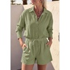 image:imagePRETTYGARDEN Womens Summer 2 Piece Matching Lounge Sets Pajamas Long Sleeve Shirts Blouse Pockets Shorts 2026 Spring OutfitsArmy Green