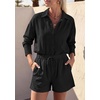 image:imagePRETTYGARDEN Womens Summer 2 Piece Matching Lounge Sets Pajamas Long Sleeve Shirts Blouse Pockets Shorts 2026 Spring OutfitsBlack