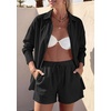 image:imagePRETTYGARDEN Womens Summer 2 Piece Matching Lounge Sets Pajamas Long Sleeve Shirts Blouse Pockets Shorts 2026 Spring OutfitsBlack