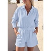 image:imagePRETTYGARDEN Womens Summer 2 Piece Matching Lounge Sets Pajamas Long Sleeve Shirts Blouse Pockets Shorts 2026 Spring OutfitsLight Blue