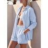 image:imagePRETTYGARDEN Womens Summer 2 Piece Matching Lounge Sets Pajamas Long Sleeve Shirts Blouse Pockets Shorts 2026 Spring OutfitsLight Blue