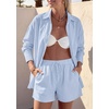 image:imagePRETTYGARDEN Womens Summer 2 Piece Matching Lounge Sets Pajamas Long Sleeve Shirts Blouse Pockets Shorts 2026 Spring OutfitsLight Blue