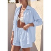 image:imagePRETTYGARDEN Womens Summer 2 Piece Matching Lounge Sets Pajamas Long Sleeve Shirts Blouse Pockets Shorts 2026 Spring OutfitsLight Blue