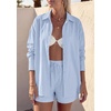 image:imagePRETTYGARDEN Womens Summer 2 Piece Matching Lounge Sets Pajamas Long Sleeve Shirts Blouse Pockets Shorts 2026 Spring OutfitsLight Blue
