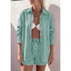 image:imagePRETTYGARDEN Womens Summer 2 Piece Matching Lounge Sets Pajamas Long Sleeve Shirts Blouse Pockets Shorts 2026 Spring OutfitsStriped Green White