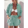 image:imagePRETTYGARDEN Womens Summer 2 Piece Matching Lounge Sets Pajamas Long Sleeve Shirts Blouse Pockets Shorts 2026 Spring OutfitsStriped Green White