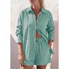 image:imagePRETTYGARDEN Womens Summer 2 Piece Matching Lounge Sets Pajamas Long Sleeve Shirts Blouse Pockets Shorts 2026 Spring OutfitsStriped Green White