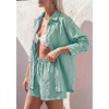image:imagePRETTYGARDEN Womens Summer 2 Piece Matching Lounge Sets Pajamas Long Sleeve Shirts Blouse Pockets Shorts 2026 Spring OutfitsStriped Green White