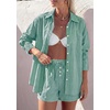 image:imagePRETTYGARDEN Womens Summer 2 Piece Matching Lounge Sets Pajamas Long Sleeve Shirts Blouse Pockets Shorts 2026 Spring OutfitsStriped Green White