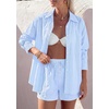 image:imagePRETTYGARDEN Womens Summer 2 Piece Matching Lounge Sets Pajamas Long Sleeve Shirts Blouse Pockets Shorts 2026 Spring OutfitsStriped Light Blue White
