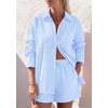 image:imagePRETTYGARDEN Womens Summer 2 Piece Matching Lounge Sets Pajamas Long Sleeve Shirts Blouse Pockets Shorts 2026 Spring OutfitsStriped Light Blue White