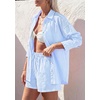 image:imagePRETTYGARDEN Womens Summer 2 Piece Matching Lounge Sets Pajamas Long Sleeve Shirts Blouse Pockets Shorts 2026 Spring OutfitsStriped Light Blue White