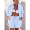 image:imagePRETTYGARDEN Womens Summer 2 Piece Matching Lounge Sets Pajamas Long Sleeve Shirts Blouse Pockets Shorts 2026 Spring OutfitsStriped Light Blue White