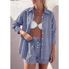 image:imagePRETTYGARDEN Womens Summer 2 Piece Matching Lounge Sets Pajamas Long Sleeve Shirts Blouse Pockets Shorts 2026 Spring OutfitsStriped Navy White
