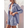 image:imagePRETTYGARDEN Womens Summer 2 Piece Matching Lounge Sets Pajamas Long Sleeve Shirts Blouse Pockets Shorts 2026 Spring OutfitsStriped Navy White