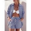 image:imagePRETTYGARDEN Womens Summer 2 Piece Matching Lounge Sets Pajamas Long Sleeve Shirts Blouse Pockets Shorts 2026 Spring OutfitsStriped Navy White