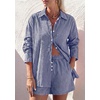 image:imagePRETTYGARDEN Womens Summer 2 Piece Matching Lounge Sets Pajamas Long Sleeve Shirts Blouse Pockets Shorts 2026 Spring OutfitsStriped Navy White