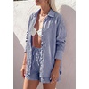 image:imagePRETTYGARDEN Womens Summer 2 Piece Matching Lounge Sets Pajamas Long Sleeve Shirts Blouse Pockets Shorts 2026 Spring OutfitsStriped Navy White